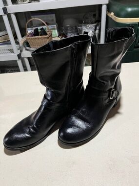 Black Leather Mid-Calf Buckle Boots